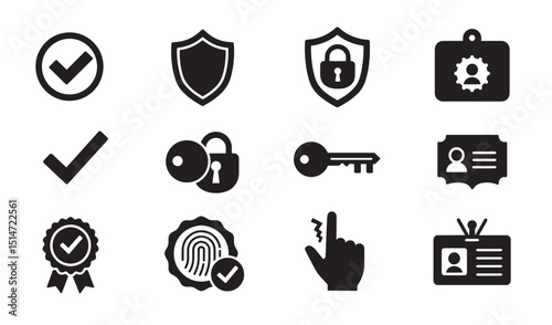 Security and identity icons representing protection authorization and verification elements