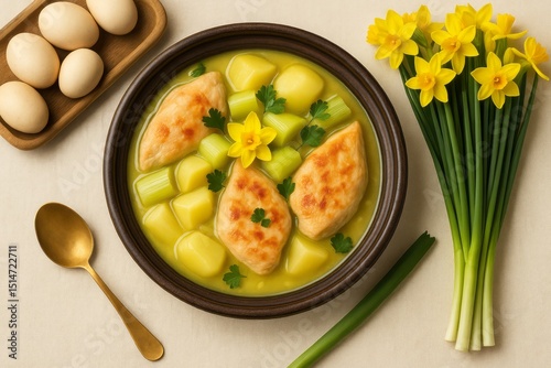 Delicious Creamy Chicken Stew Spring Recipe Potatoes Celery Yellow Daffodils Easter Festive Food Photography Overhead Shot Culinary Background Healthy Meal Springtime Dinner Appetizing Dish Tasty     
