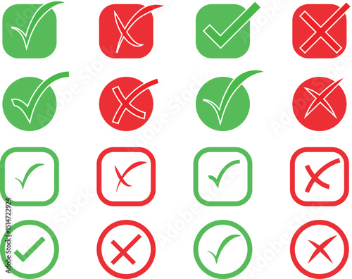 Set of Sixteen Check Marks and Crosses in Different Styles, Highlighting Approval and Disapproval Symbols