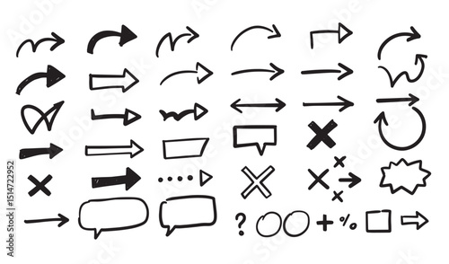 Hand drawn arrows symbols and communication bubbles set for design elements