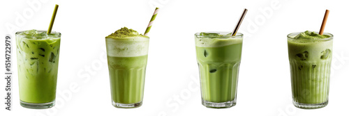 Set of iced matcha latte with straw isolated on a transparent background