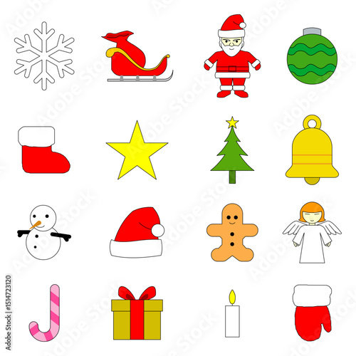 16 vector style christmas icons featuring festive seasonal elements in bright colors