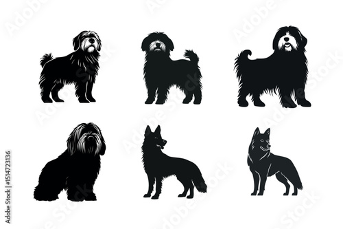 Six dog breed silhouettes black and white