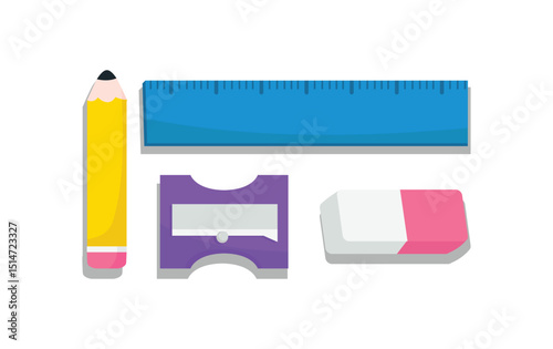 Cartoon pencil for kids. School stationaries of sharpener, pencil, scale, eraser in vector isolated on white background.