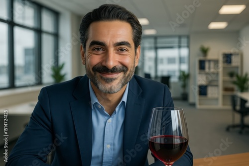 Smiling Businessman Office Portrait Red Wine Glass Happy Professional Corporate Executive Manager Success Confident Attractive Middle Aged Man Business Meeting work suit male style drink image photo  