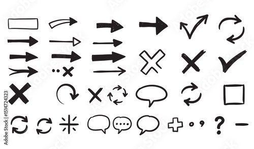 Hand drawn set of various black and white graphic elements ideal for design and communication