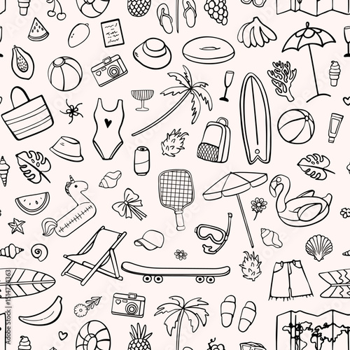 Seamless summer pattern with hand-drawn black line beach items, surfboards, palm trees, swimsuits, fruits, umbrellas, floaties, travel icons, and playful vacation details