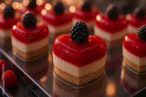 Delicious Red Velvet Heart Shaped Mini Cakes Sweet Treats Romantic Dessert Bakery Pastry Shop Valentine Day Celebration Festive Elegant Gourmet Confectionery Delicate food love tasty cream berry      