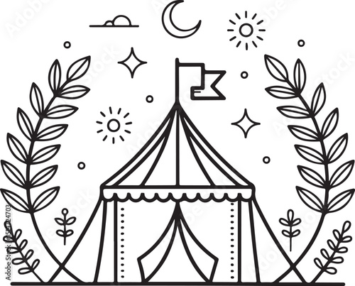 Funfair Festival Carnival Vector Illustration, Sketch Drawing Line Linear Symbol Icon Engraving Coloring Book, Hand-drawn Black and White Isolated