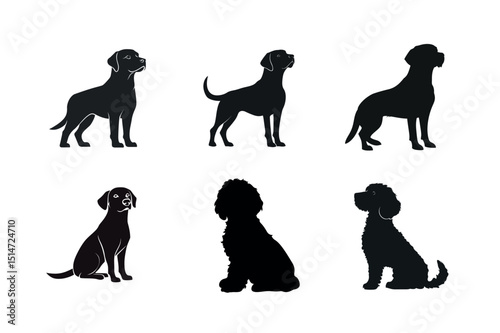 Six dog silhouettes labrador pointer and poodle breeds