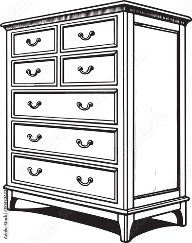 Dresser Furniture Vector Illustration, Sketch Drawing Line Linear Symbol Icon Engraving Coloring Book, Hand-drawn Black and White Isolated