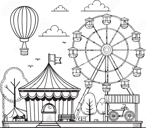 Funfair Festival Carnival Vector Illustration, Sketch Drawing Line Linear Symbol Icon Engraving Coloring Book, Hand-drawn Black and White Isolated