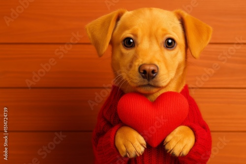 Adorable Puppy Holding Red Knit Heart Valentines Day Dog Pet Love Sweet Cute Animal Winter Cozy Festive Holiday Season Puppy Love Romantic Affectionate Warmth Tenderness Happy Friendship wood card    