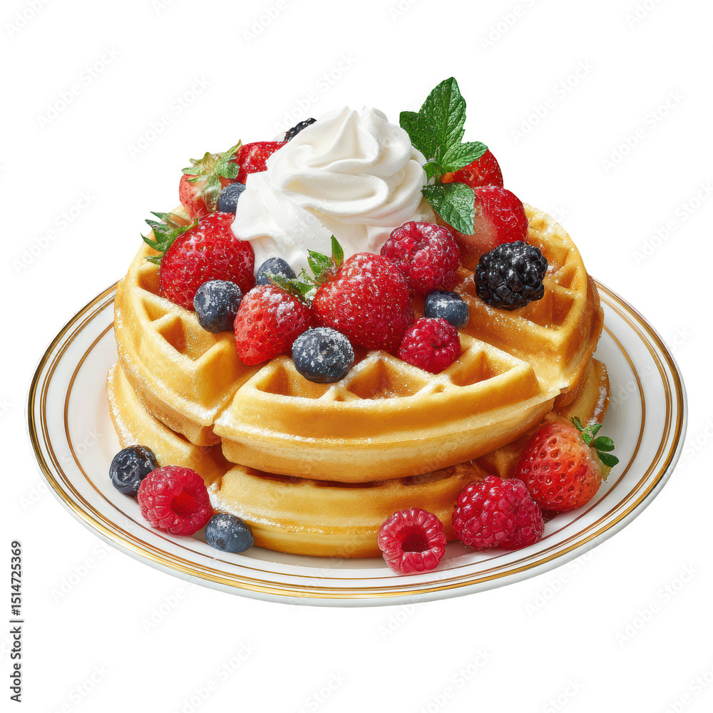 Delicious Stack of Golden Waffles with Mixed Berries and Cream on an Elegant Plate Delicious Stack of Golden Waffles with Mixed Berries and Cream on an Elegant Plate
