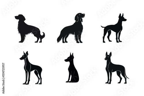 Silhouette set of various dog breeds