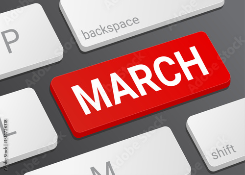 Close up March Button on Computer Keyboard with White Text for Calendar Date and Digital Interface Concept Illustration