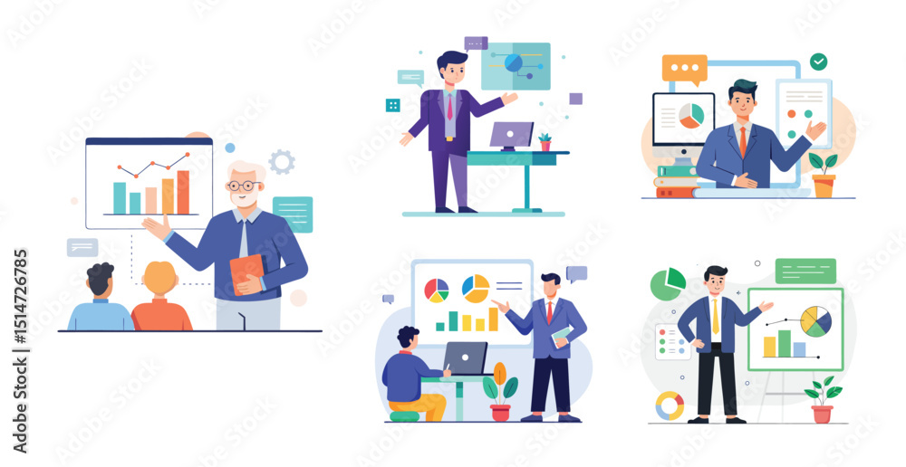 People make a presentation of the project by showing charts and statistics. Brainstorming. Flat vector illustration of business presentation concept.
