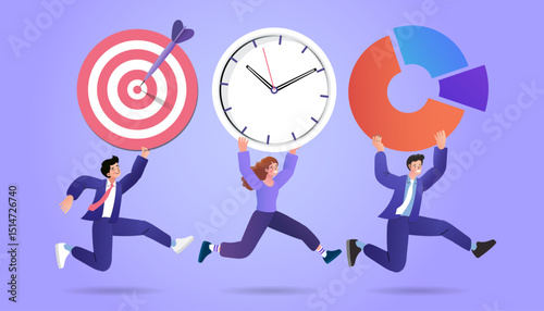 business man running way to success,  people holding symbol target goal, time management, analysis work.
