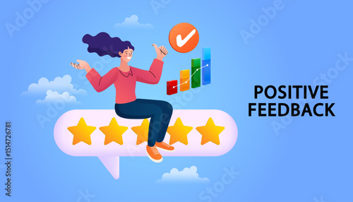 Customers leaving positive feedbacks to product. Ratings and review concept. Satisfaction level. User experience, recommendations, Survey. leaving comment with 5 stars rating. flat vector illustration