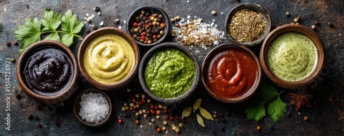 Top-down view of assorted sauces in rustic bowls with mixed spices and herbs on wooden background, ideal for culinary and food styling use.