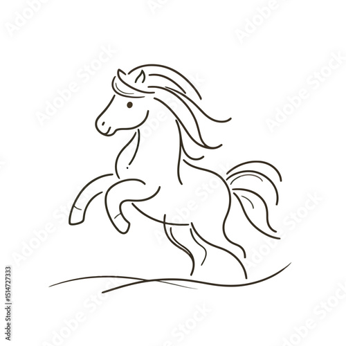 Horse rearing up with flowing mane in minimalist line art style  