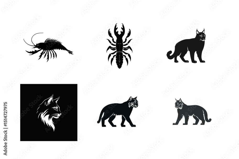 Obraz premium Black and white silhouettes of animals lobster scorpion lynx bobcat