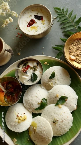 Delicious steamed rice cakes served with yogurt dips and spices on a tray, South Asian healthy breakfast with cultural appeal, soft focus.