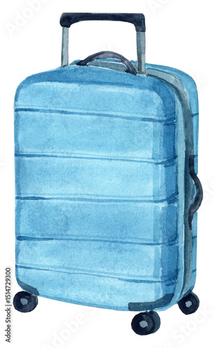 Watercolor illustration of a blue suitcase with a telescopic handle. Perfect for travel designs, packaging, postcards, and digital projects.