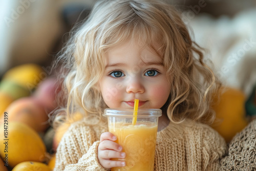 Little girl holding glass of orange juice.