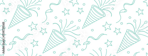 Seamless mint green celebration pattern with party poppers, stars, ribbons, and confetti. Ideal for festive backgrounds, event materials, or birthday themes. Whimsical and joyful illustration.