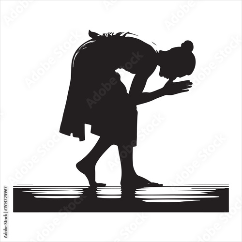 Black silhouette of a person in prayer (Salah), standing with hands folded, on a pure white background 