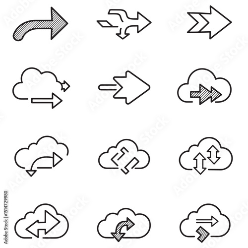 Collection of hand drawn arrows and cloud computing icons for data transfer and digital concepts