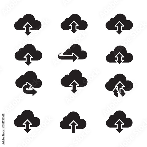 Set of cloud computing icons illustrating data transfer and synchronization in a modern vector style.