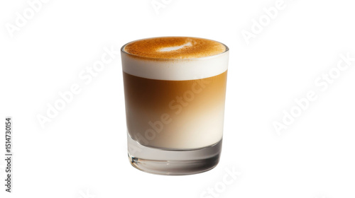 A rich cortado served in a small glass with a perfect layer of foam,Transparent background, PNG file