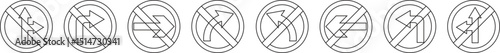 
Road sign line art icon set.Direction of movement. Warning different road sign.Permitted direction of movement at intersection, junction and other section of the road.Warning sign,attention road sign