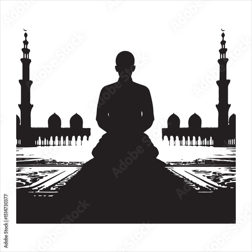 Black silhouette of a person in prayer (Salah), standing with hands folded, on a pure white background 