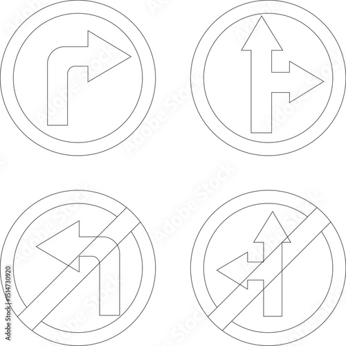 
Road sign line art icon set.Direction of movement. Warning different road sign.Permitted direction of movement at intersection, junction and other section of the road.Warning sign,attention road sign