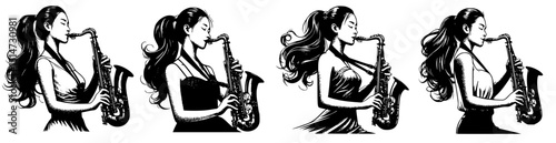 Four vector drawings of a asian woman playing on saxophone istrument, black and white