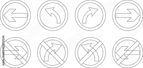 
Road sign line art icon set.Direction of movement. Warning different road sign.Permitted direction of movement at intersection, junction and other section of the road.Warning sign,attention road sign