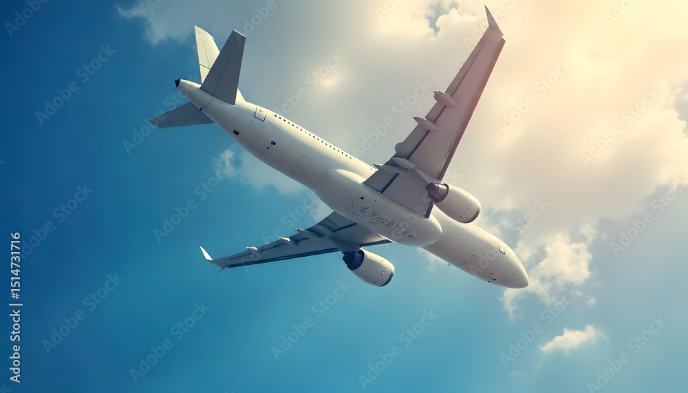 Obraz premium A commercial airplane gracefully ascends into a bright blue sky filled with soft, fluffy clouds.