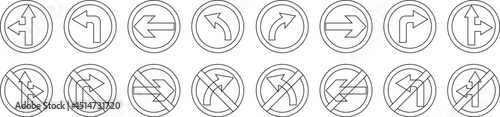 
Road sign line art icon set.Direction of movement. Warning different road sign.Permitted direction of movement at intersection, junction and other section of the road.Warning sign,attention road sign