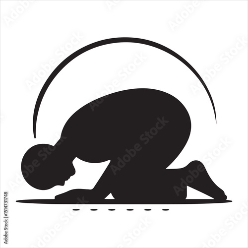 Black silhouette of a person in prayer (Salah), standing with hands folded, on a pure white background 