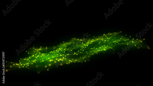 Abstract futuristic wave with moving dots. Flow of colored particles and lines. Cyber technology illustration. Big data visualization. 3d rendering