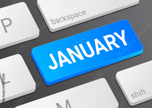 Close up January Button on Computer Keyboard with White Text for Calendar Date and Digital Interface Concept Illustration