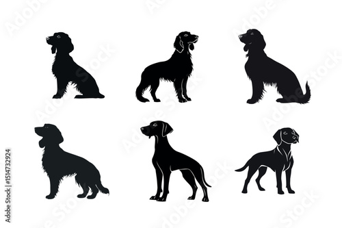Six dog breed silhouettes standing and sitting