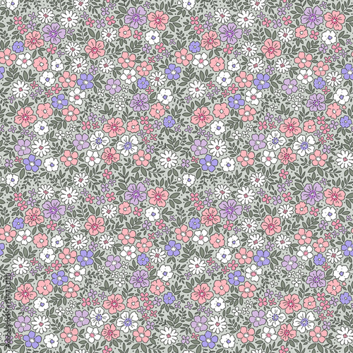 Vintage seamless floral pattern. Ditsy style background of small pastel flowers. Small flowers scattered over a gray background. Stock vector for printing on surfaces. Abstract flowers. 