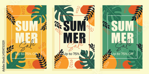Summer sale tropical posters set flat vector illustration.