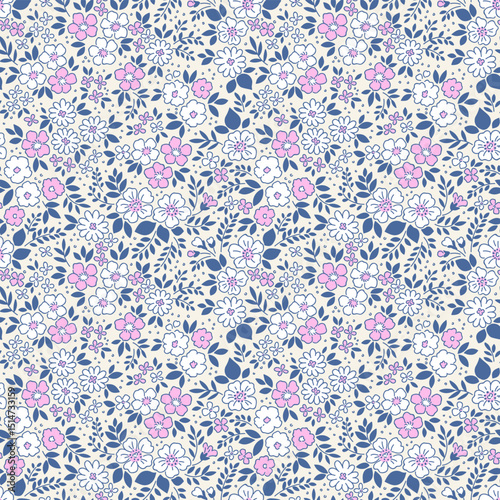Retro floral pattern in small decorative flowers. Small white and pink flowers. Ivory cream background. Ditsy print. Floral seamless background ditsy pattern in small cute wild flowers. Stock vector