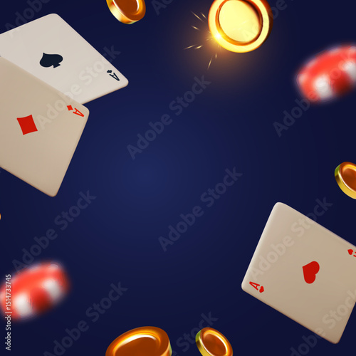 Gambling design. Playing chips, dice and poker cards. Casino advertising template. Mobile game