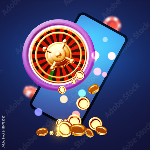 Gambling design. Smartphone, roulette wheel and playing chip. Casino advertising template. Mobile game